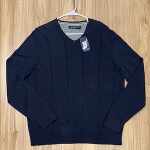 Nautica Blue V-Neck Sweater Classic Knit Size L